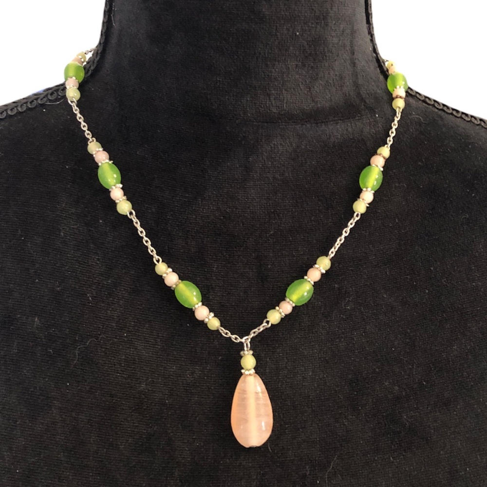 Vintage Beaded & Link Necklace With Glass Drop Pendant